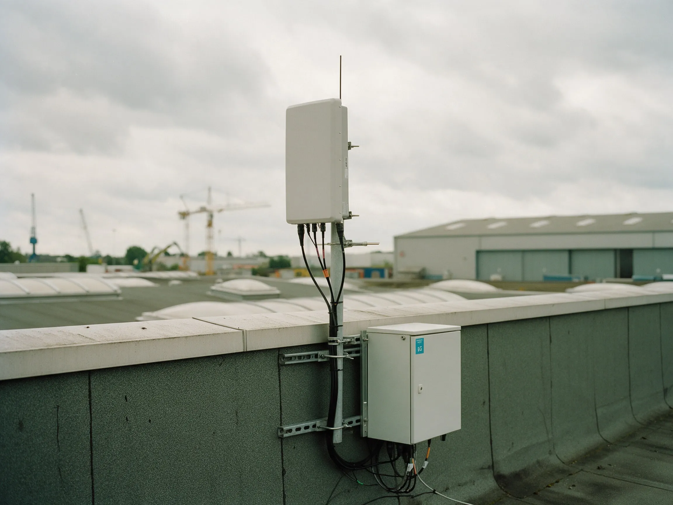 Eine private 5G-Antenne mit Funkschrank auf der Attika eines Fabrikdachs, Kräne im Hintergrund.